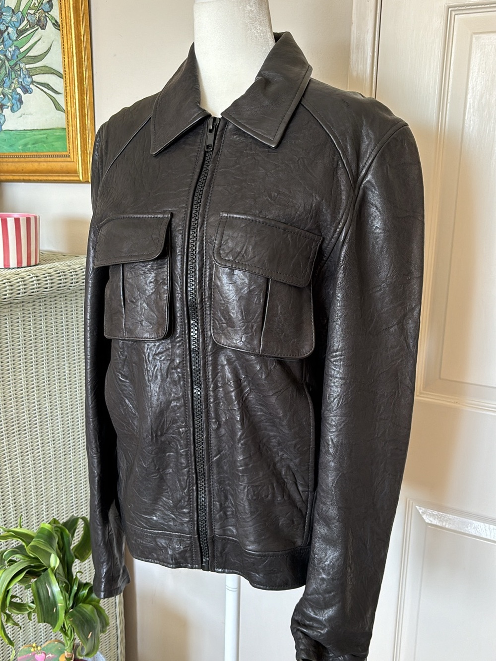 Men's black leather jacket crinkle lambskin leather